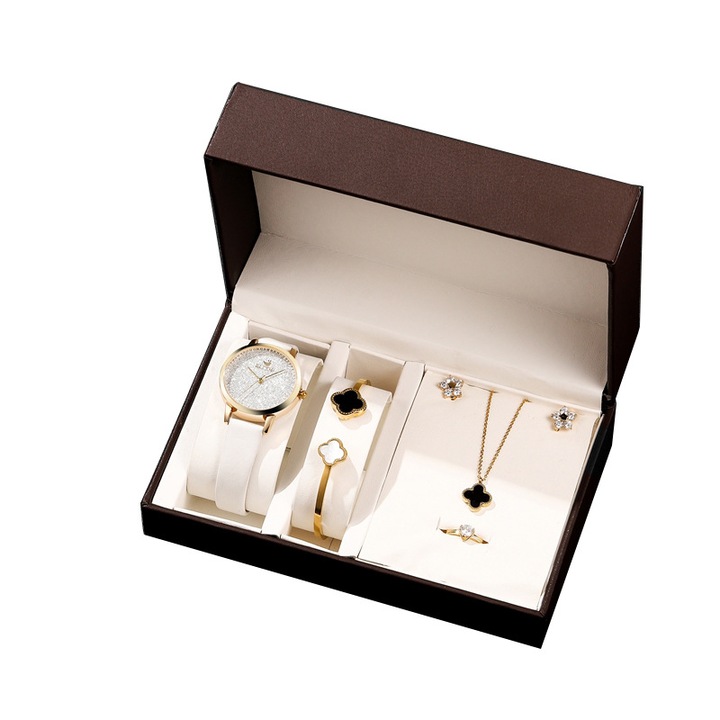 Set cadou de ceas analog si bijuterii de dama, bratara bangle fixa, colier, cercei si inel, model in forma de trifoi, otel inoxidabil, pietre zirconiu, placat cu aur 18K, mecanism quartz, auriu