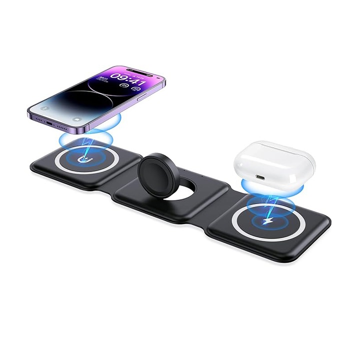 Incarcator wireless 3 in 1 pliabil, statie de incarcare magnetica, pentru multiple dispozitive, 11x11x4.2cm, cablu USB inclus, negru