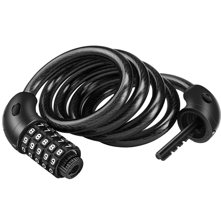 Antifurt Bicicleta cu Cifru, Hggzeg, Parola 5 cifre, Cablu de otel retractabil, Impermeabil si rezistent la rugina, Rezistent la taiere sau rupere, Diametru 13 mm, Pentru motociclete/scutere, Aliaj/PVC/ABS, Lungime 95 cm, Negru