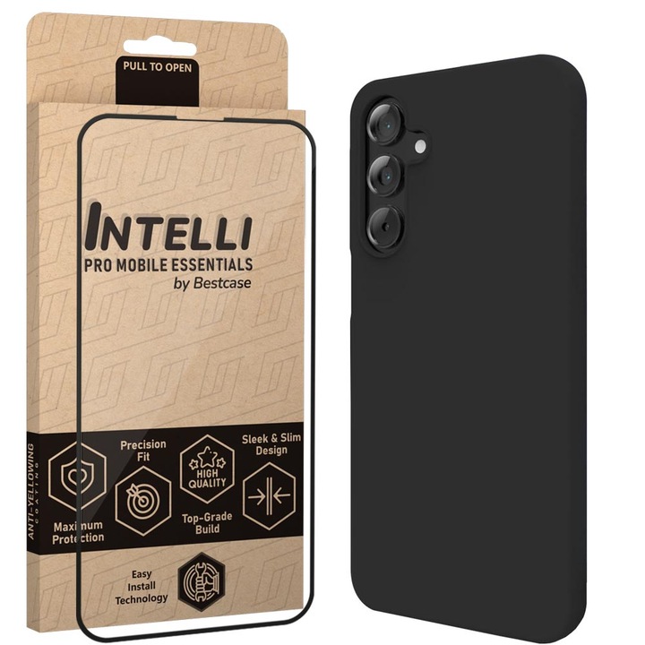 Intelli® Set Husa si Folie Full Face pentru Samsung Galaxy A55, Slim Premium Liquid Silicon, Antisoc, Protectie 360 spate + ecran, Negru