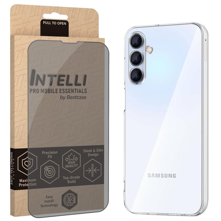 Intelli® Set Husa si Folie Privacy pentru Samsung Galaxy A55, Clear Silicon 2MM, Antisoc, Protectie 360 spate + ecran, Transparent