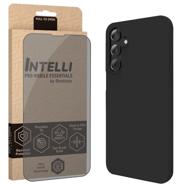 Intelli® Set Husa si Folie Privacy pentru Samsung Galaxy A55, Slim Premium Liquid Silicon, Antisoc, Protectie 360 spate + ecran, Negru