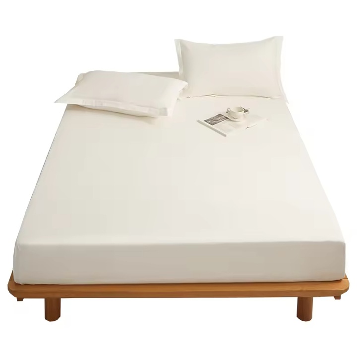 Cearceaf de pat, tesatura moale, absorbanta de transpiratie si respirabila, cu banda elastica, 360° complet invelita, lavabila la masina, 160*200cm, Alb