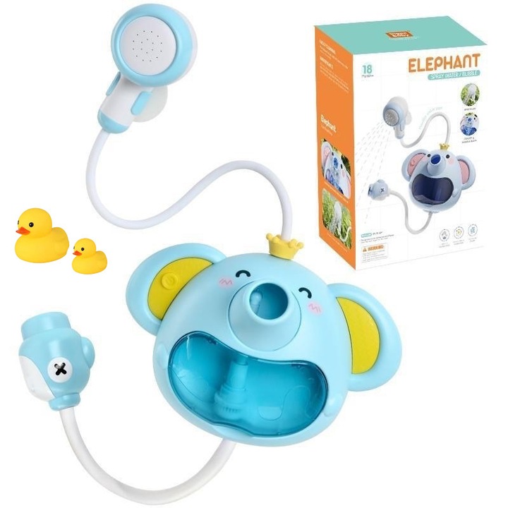 Fürdőjáték gyerekeknek, FOMOX, interaktív elefánt színekkel és fényeffektusokkal, zuhany típus, buborékos gép, ABS, kék