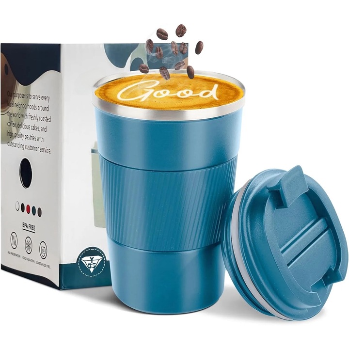 Cana termica, IMOUNTOP®, Pentru cafea, Bauturi calde sue bauturi reci, Cu pereti dubli si capac anti-scurgere, Fabricata din otel inoxidabil, Pentru Calatorii, Masina, Camping, Handy transporta, Reutilizabile, 510ml, Albastru