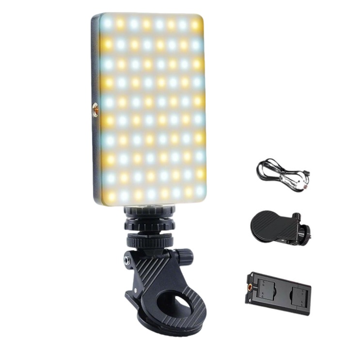 Lampa Led Light RGB Lumina Perfecta pentru Poze Video, Fudisenn®, 85 Leduri Puternice, 2700-6500k+ RGB, Baterie incorporata/reincarcabila de 2000mAH, Clema antiderapanta de prindere, Suport pentru telefon, Cablu USB-C