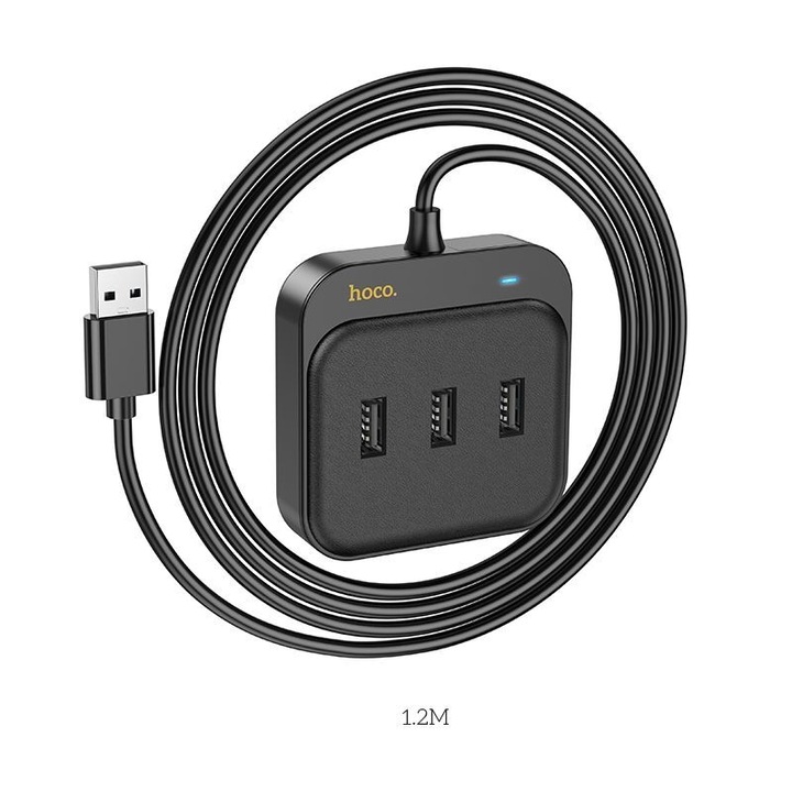 Adaptor: HOCO HB35 HUB - 4in1 cu porturi, 3 x USB / RJ45, adaptor negru cu cablu USB de 1,2 m