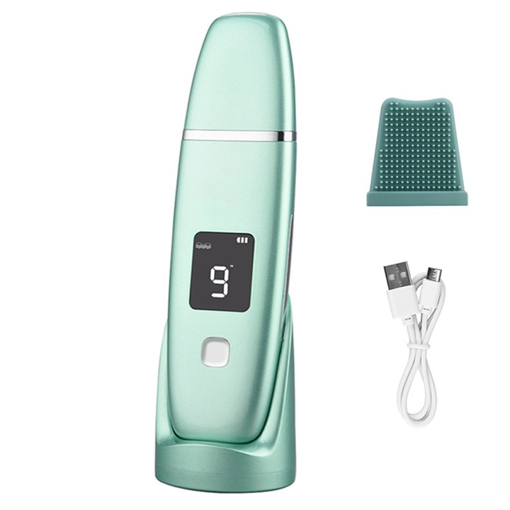 Ултразвуков уред за почистване на лице, Horigen® C1 Pro, дисплей, 4 режима, с йони, премахване на черни точки, хидратация, скрубер за кожа, против стареене, 600mAh батерия, силиконов аксесоар, зелен