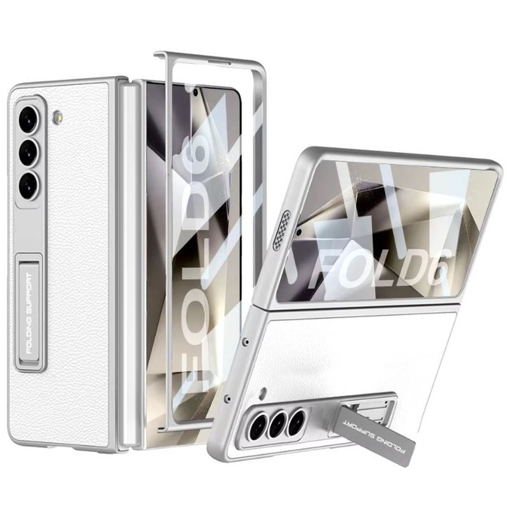 Husa Luxe Stand, Suport si Protectie Ecran, Compatibila cu Samsung Galaxy Z Fold 6, Texturata, Leather look, Alb