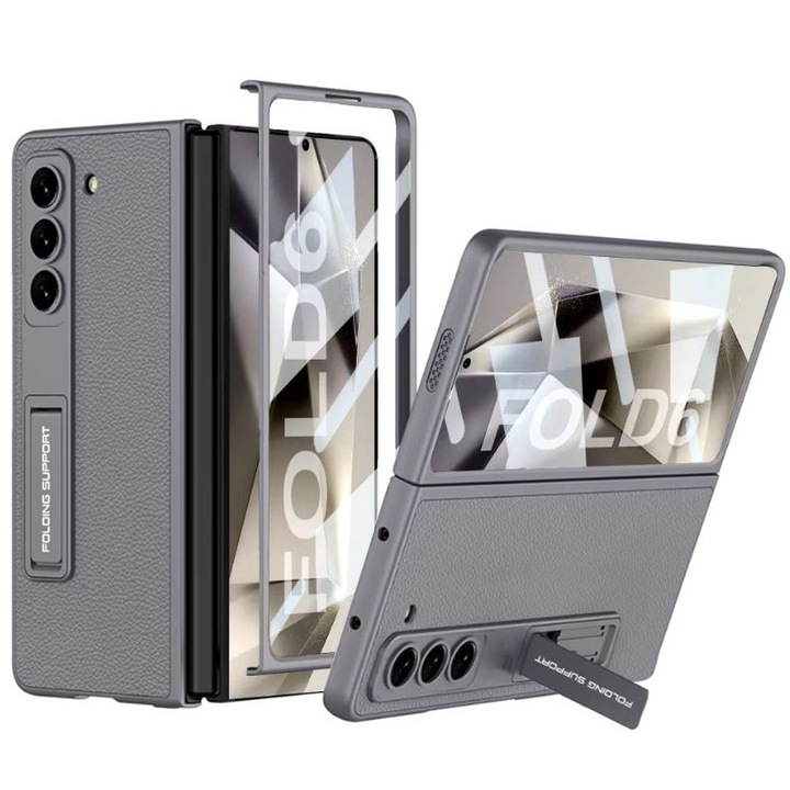 Husa Luxe Stand, Suport si Protectie Ecran, Compatibila cu Samsung Galaxy Z Fold 6, Texturata, Leather look, Gri