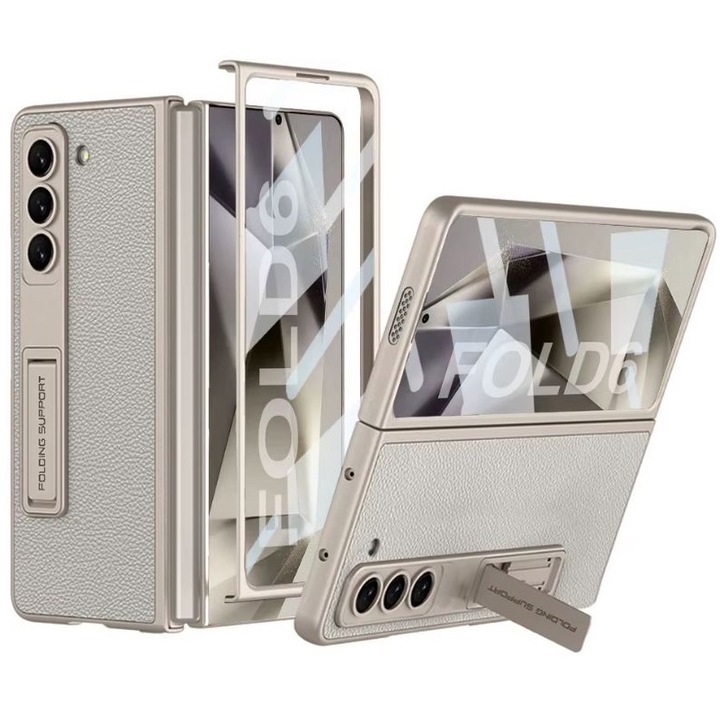 Husa Luxe Stand, Suport si Protectie Ecran, Compatibila cu Samsung Galaxy Z Fold 6, Texturata, Leather look, Bej
