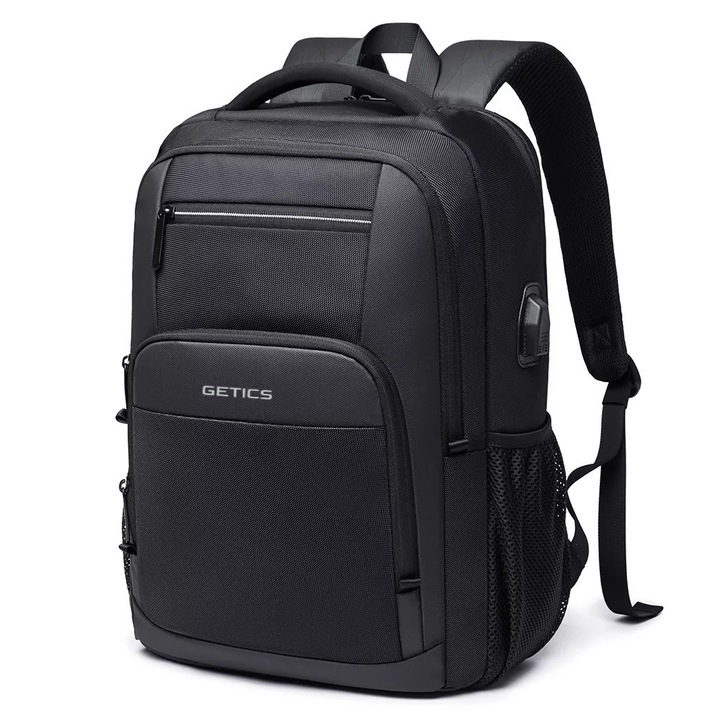 Rucsac laptop 15.6", multifunctional pentru liceu, facultate, sport sau excursii, impermeabil, cu port USB, GETICS, 32x15x45 cm, Negru