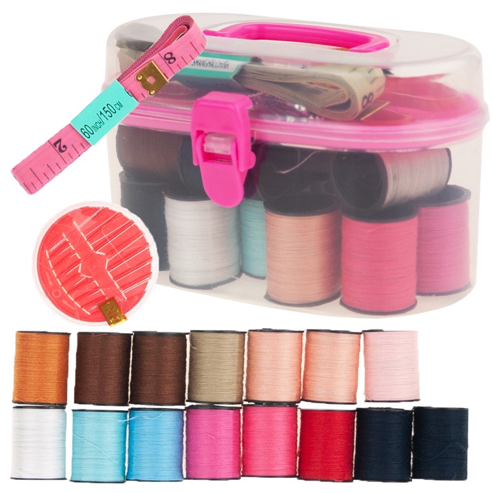 Set de cusut, 8 culori de ata, 10 ace, 10 agrafe, 4 nasturi, 12x6,5x7,5cm