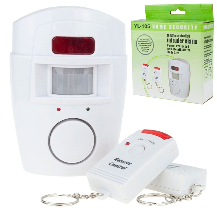 Mini vezeték nélküli riasztó, Luka, 2 távirányítóval, 105 dB, 12x8,5x4,5cm, beltéri és kültéri használatra