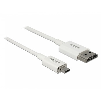 Cablu HDMI la micro HDMI-D T-T 3D 4K 0.25m Slim Premium Alb, Delock 85147 Cablu HDMI la micro HDMI-D T-T 3D 4K 0.25m Slim Premium Alb, Delock 85147