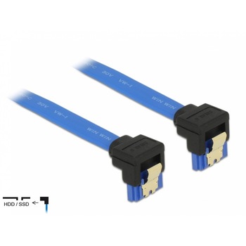 Cablu SATA III 6 Gb/s unghi jos Bleu 70cm, Delock 85098 Cablu SATA III 6 Gb/s unghi jos Bleu 70cm, Delock 85098