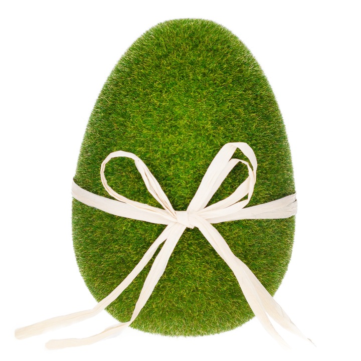 Ou decorativ verde flocat cu funda eleganta, ornament festiv pentru Paste si primavara, ideal pentru aranjamente florale, mese festive, cosuri de Paste si decor interior, aducand o nota de prospetime si bucurie in casa dumneavoastra, inalti
