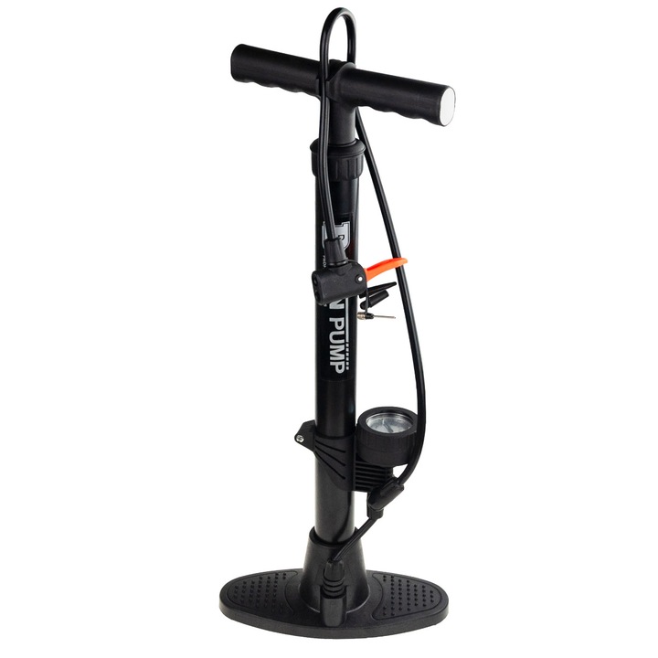 Kerékpárszivattyú manométerrel és adapterekkel, Alumínium, Presta/Schraderrel kompatibilis, 11 bar, 65 cm, Fekete