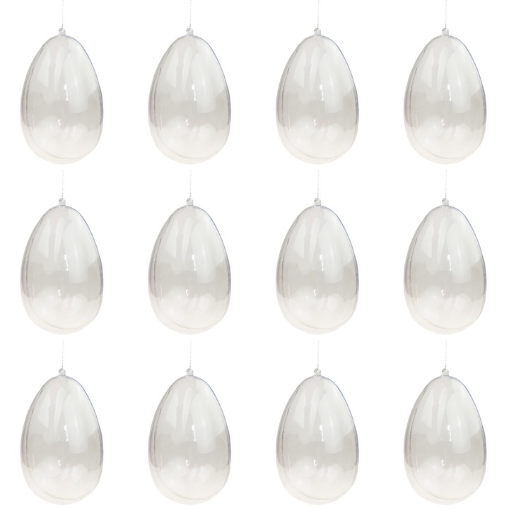 Set 12 oua acrilice transparente suspendate, reutilizabile, 16 cm, baza despartibila pentru decoratiuni de Paste, mestesuguri DIY, ornamente personalizate, proiecte creative, cadouri unice si arta florala, usor de umplut si decorat