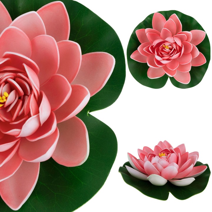 Floare de lotus artificiala plina de eleganta, Luka, 15cm, roz/verde, set de decorare pentru apa