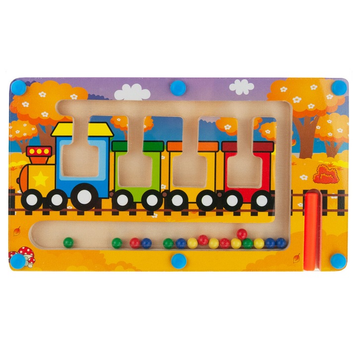 Labirint magnetic din lemn, model tren, 22x12.5x1.3cm, multicolor