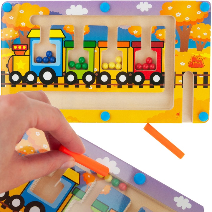 Labirint magnetic din lemn, set cu tren, 22x12,5x1,3cm, culori diverse