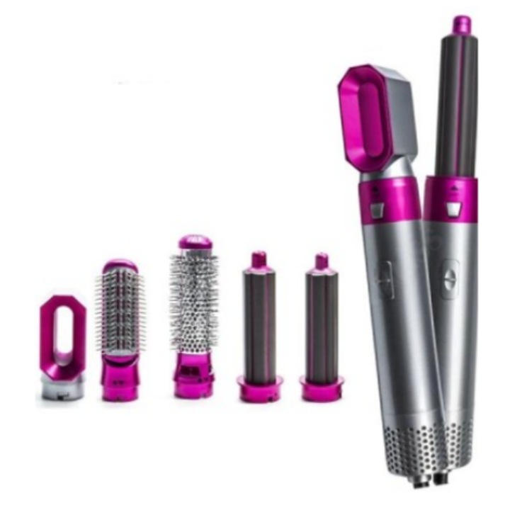 Perie electrica de par 5 in 1 Lotfi, cu turmalina ceramica, ionizare negativa, 3 setari de temperatura cu aer cald si rece, potrivit pentru orice lungime si tip de par, 1000W, culoare negru si roz