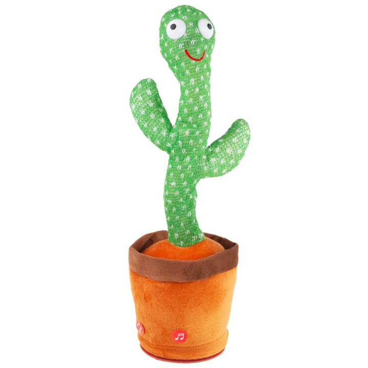 Интерактивен танцуващ кактус, 34 см, 60 песни, светлинни ефекти, USB зареждане, зелен/кафяв