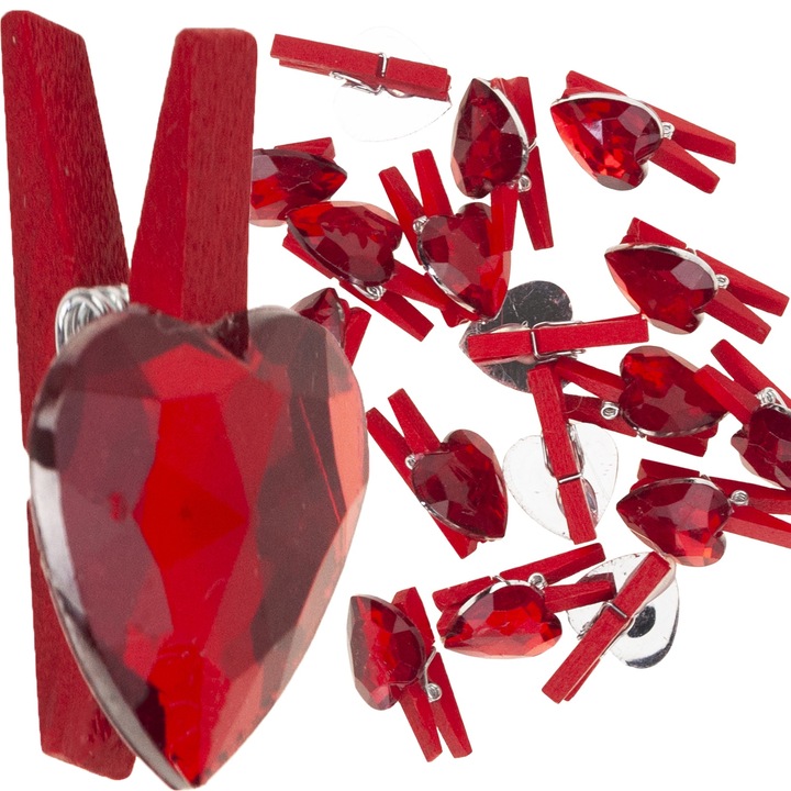 Комплект от 18 декоративни щипки, дърво, във формата на сърце, червени, 3см