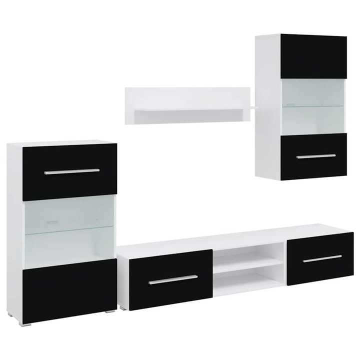 Unitati TV de 5 piese cu iluminare LED vidaXL, lemn prelucrat, negru mat, 82 Kg