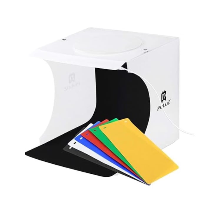 Cutie Pliabila BondGrup®, Mini Studio Portabil, Foto Profesional, 20 cm cu LED, Cutie Fotografica si Cub Fotografie cu 6 Fundaluri Colorate Negru, Alb, Galben, Rosu, Verde, Albastru, Kit Studio Lumina, Lampa Circulanta