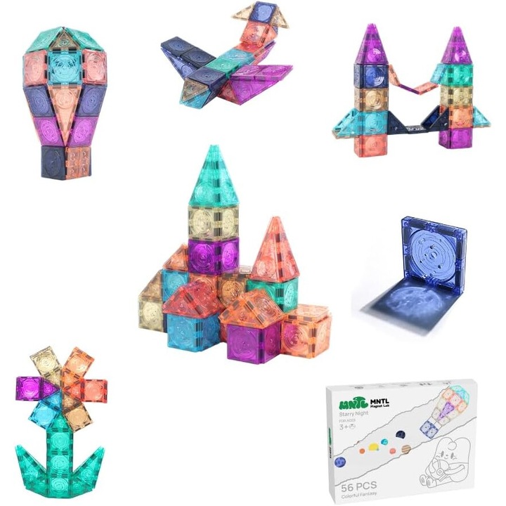 Set de constructie magnetice 3D, 56 elemente, design poliprezent, culori inspirate din galaxie, pentru copii 3+ ani