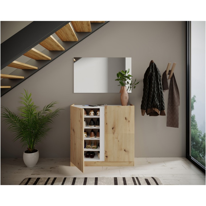 Шкаф за обувки Irim Slimer, 95x35x90 см, 2 врати с 4 рафта, Бял/Занаятчийски дъб