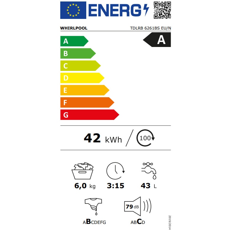Masina de spalat rufe verticala Whirlpool TDLRB 6261BS EU/N, 6 kg, 1200 rpm, 6th Sense, Motor SenseInverter, Pornire Intarziata, FreshCare, Clasa A, Alb