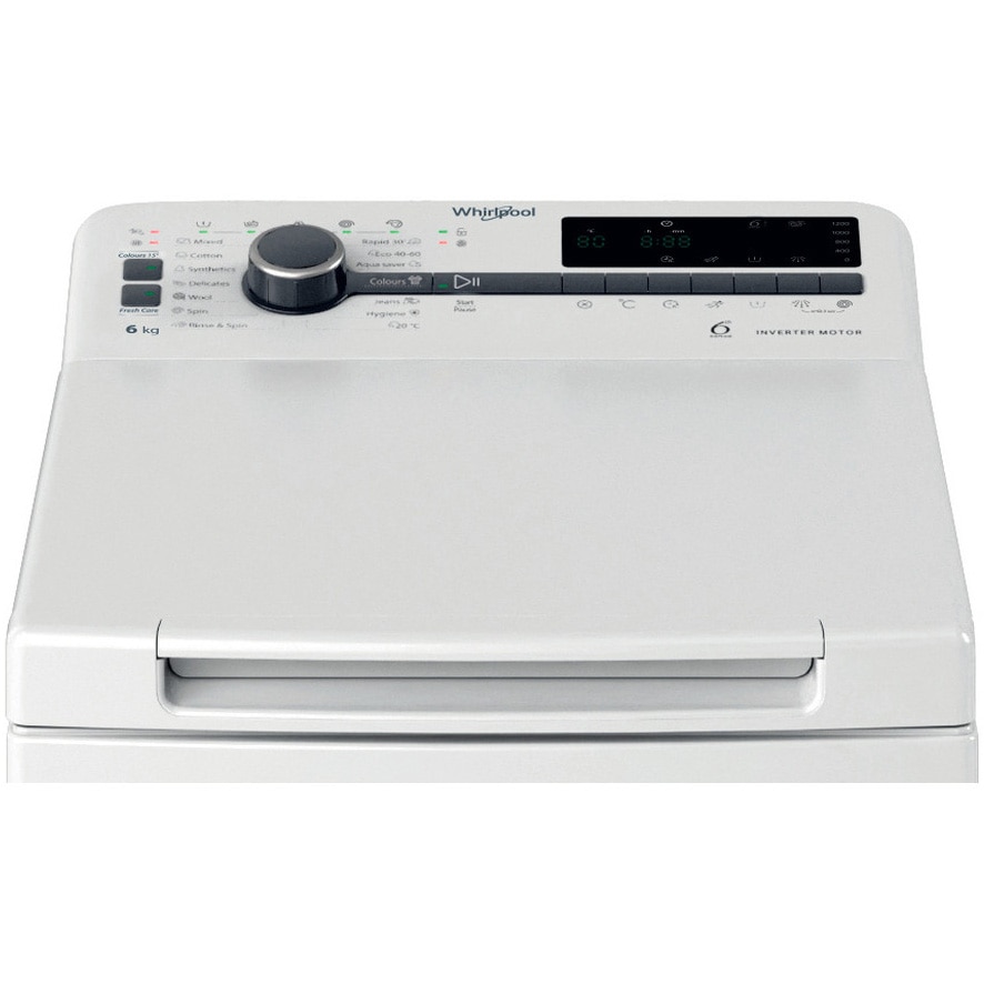 Masina de spalat rufe verticala Whirlpool TDLRB 6261BS EU/N, 6 kg, 1200 rpm, 6th Sense, Motor SenseInverter, Pornire Intarziata, FreshCare, Clasa A, Alb