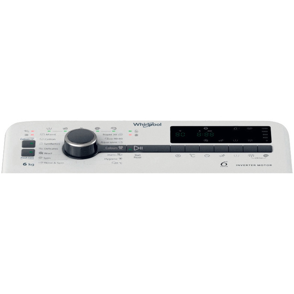 Masina de spalat rufe verticala Whirlpool TDLRB 6261BS EU/N, 6 kg, 1200 rpm, 6th Sense, Motor SenseInverter, Pornire Intarziata, FreshCare, Clasa A, Alb