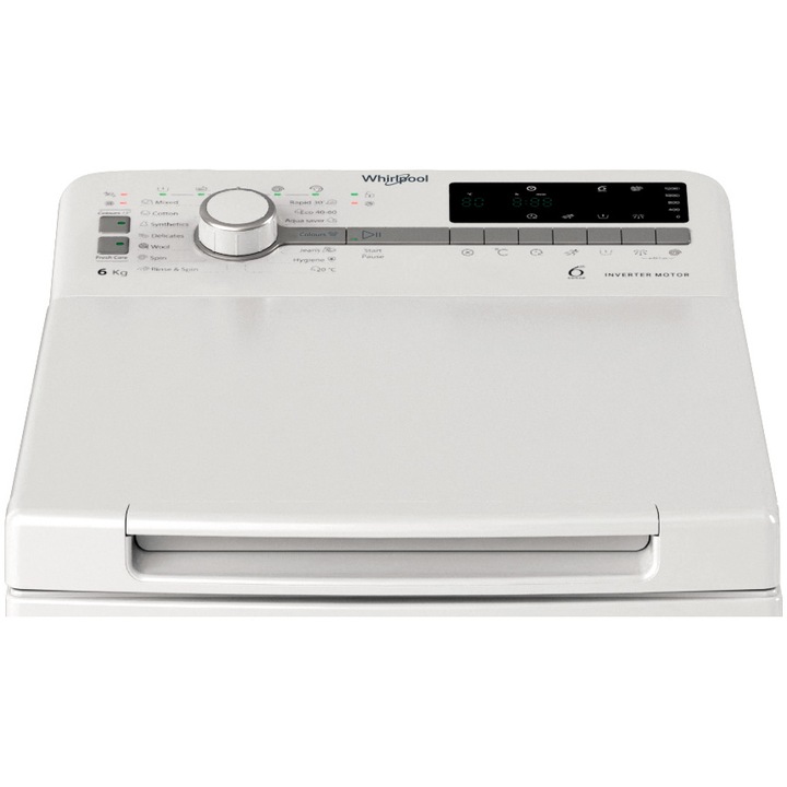 Masina de spalat rufe verticala Whirlpool TDLR 6261BS EU/N, 6 kg, 1200 rpm, 6th Sense, Motor SenseInverter, Pornire Intarziata, FreshCare, Clasa A, Alb