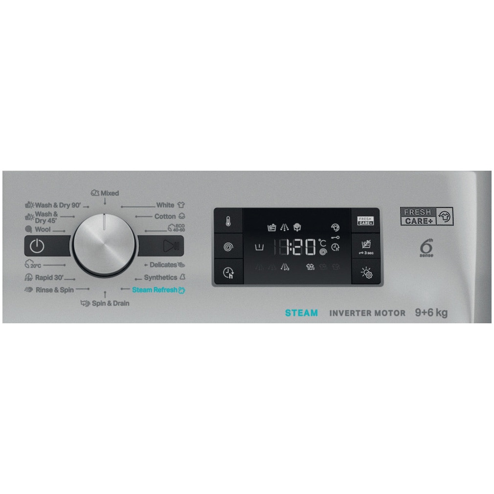 Masina de spalat rufe cu uscator Whirlpool FFWDB964489SBSVEE, 9 kg spalare, 6 kg uscare, 1400 rpm, FreshCare+, 6th Sense, Motor Inverter, Steam Refresh , Clasa A, Gri