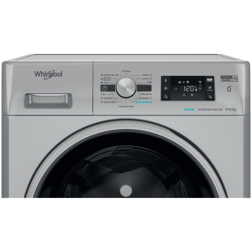 Masina de spalat rufe cu uscator Whirlpool FFWDB964489SBSVEE, 9 kg spalare, 6 kg uscare, 1400 rpm, FreshCare+, 6th Sense, Motor Inverter, Steam Refresh , Clasa A, Gri