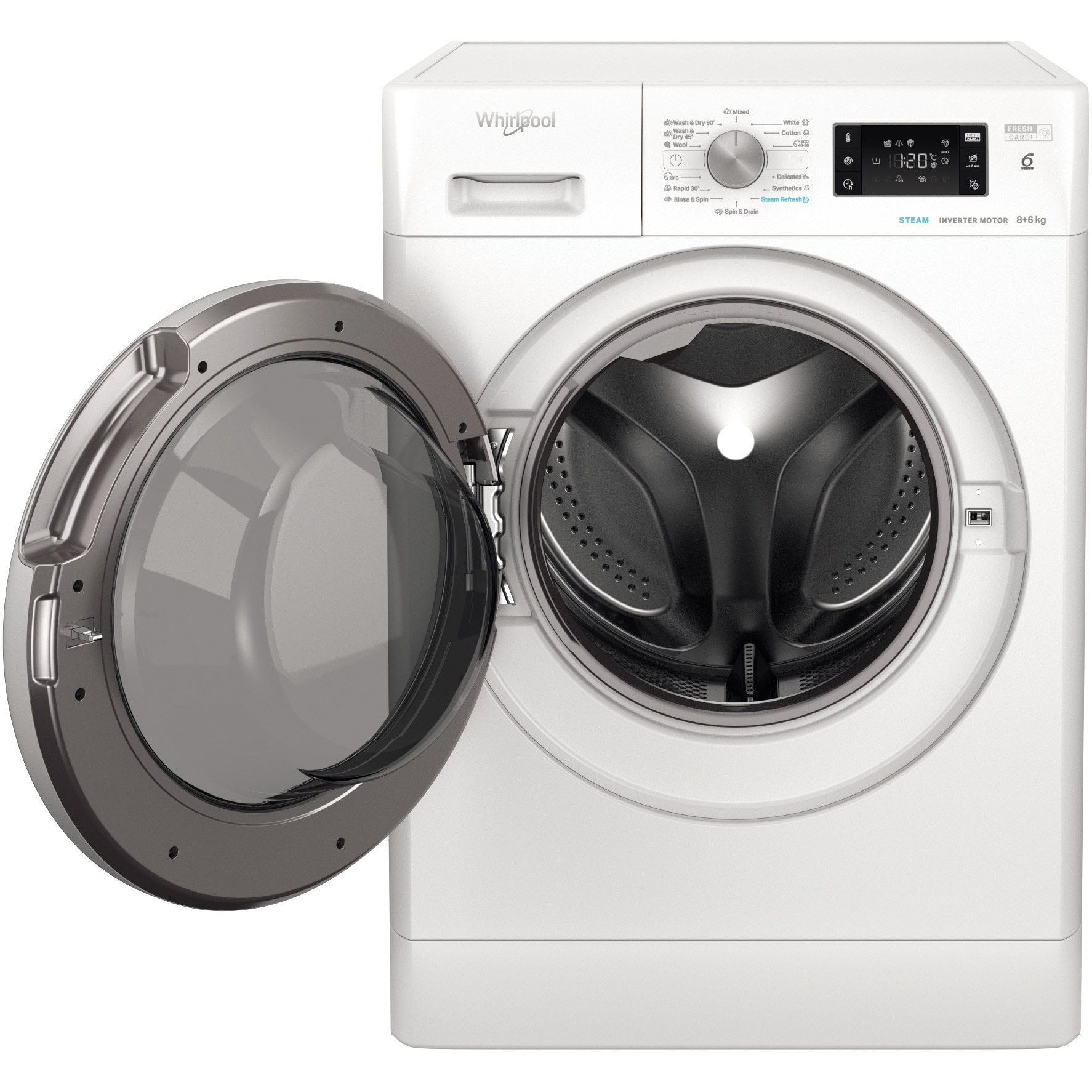 Masina de spalat rufe cu uscator Whirlpool FFWDB864489SVEE, 8 kg spalare, 6 kg uscare, 1400 rpm, FreshCare+, 6th Sense, Motor Inverter, Steam Refresh , Clasa A, Alb