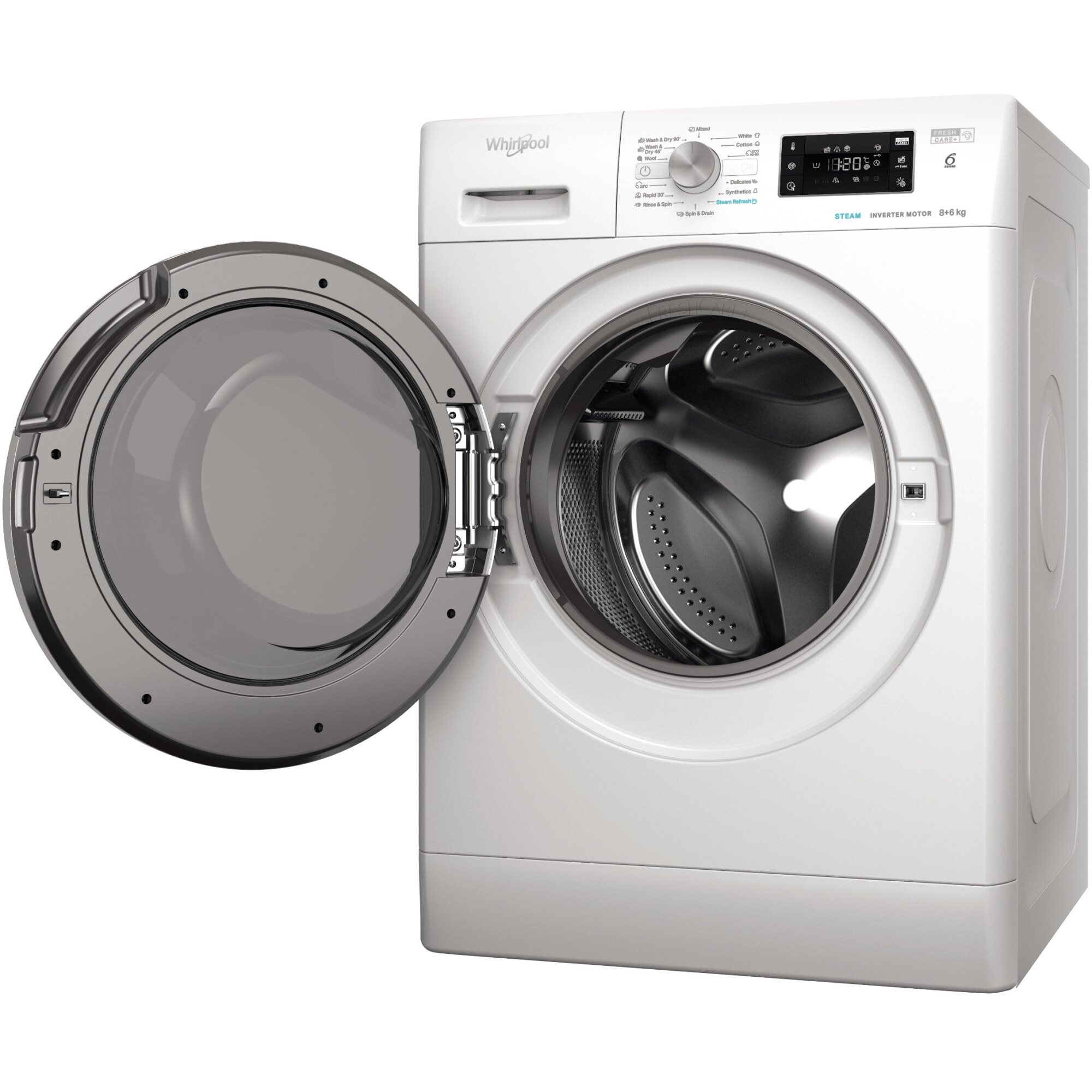 Masina de spalat rufe cu uscator Whirlpool FFWDB864489SVEE, 8 kg spalare, 6 kg uscare, 1400 rpm, FreshCare+, 6th Sense, Motor Inverter, Steam Refresh , Clasa A, Alb