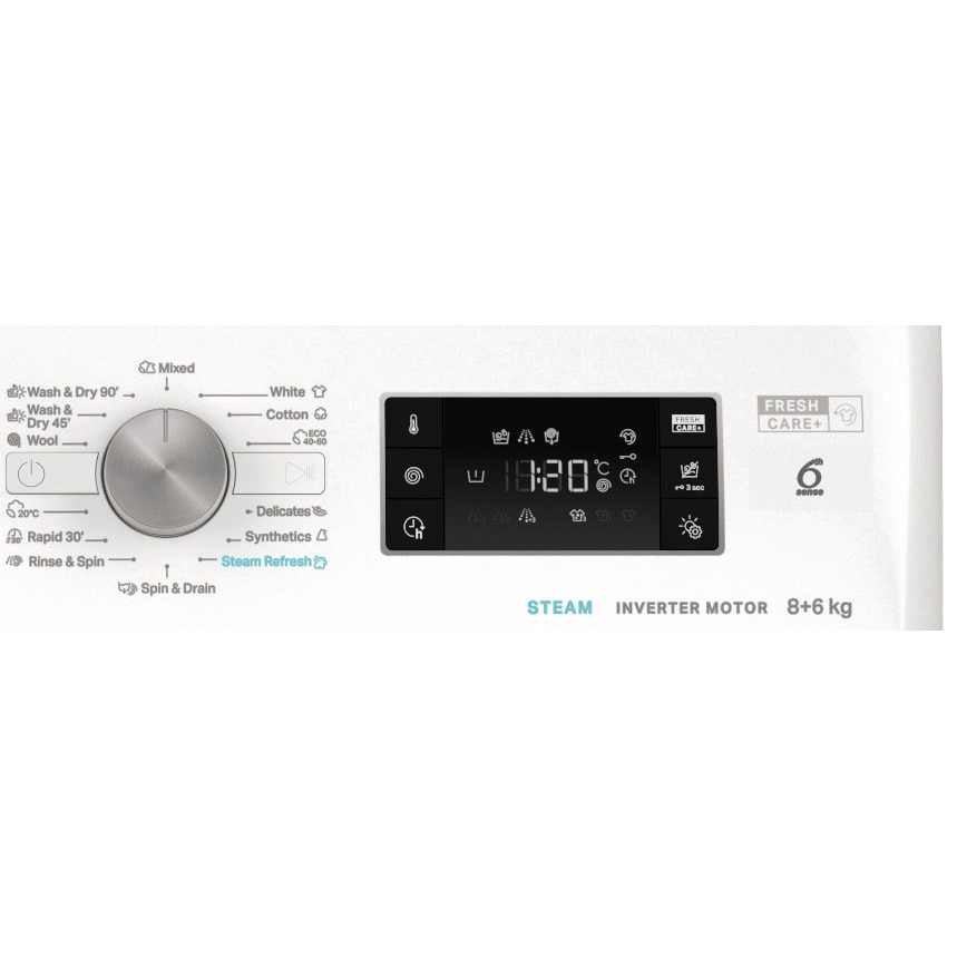 Masina de spalat rufe cu uscator Whirlpool FFWDB864489SVEE, 8 kg spalare, 6 kg uscare, 1400 rpm, FreshCare+, 6th Sense, Motor Inverter, Steam Refresh , Clasa A, Alb