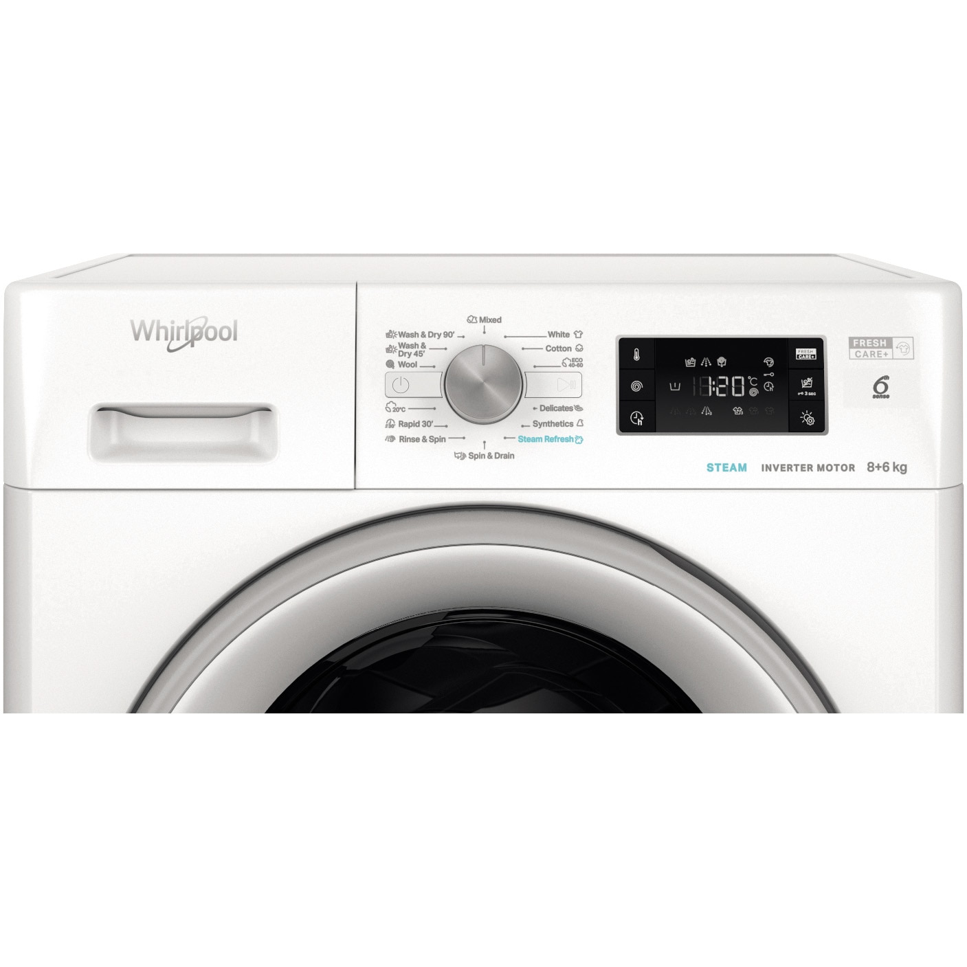 Masina de spalat rufe cu uscator Whirlpool FFWDB864489SVEE, 8 kg spalare, 6 kg uscare, 1400 rpm, FreshCare+, 6th Sense, Motor Inverter, Steam Refresh , Clasa A, Alb