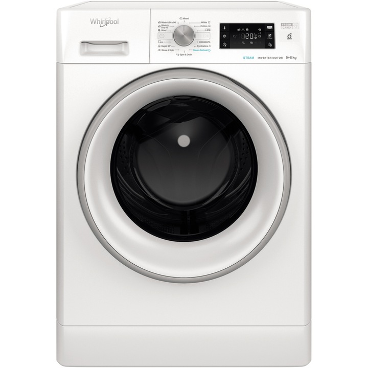 Пералня със сушилня Whirlpool FFWDB 964489SVEE, 9 кг пране, 6 кг сушене, 1400 об/мин, FreshCare+, 6th Sense, Инверторен мотор, Steam Refresh, Клас A, Бял