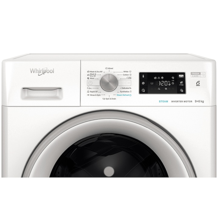 Masina de spalat rufe cu uscator Whirlpool FFWDB 964489SVEE, 9 kg spalare, 6 kg uscare, 1400 rpm, FreshCare+, 6th Sense, Motor Inverter, Steam Refresh , Clasa A, Alb