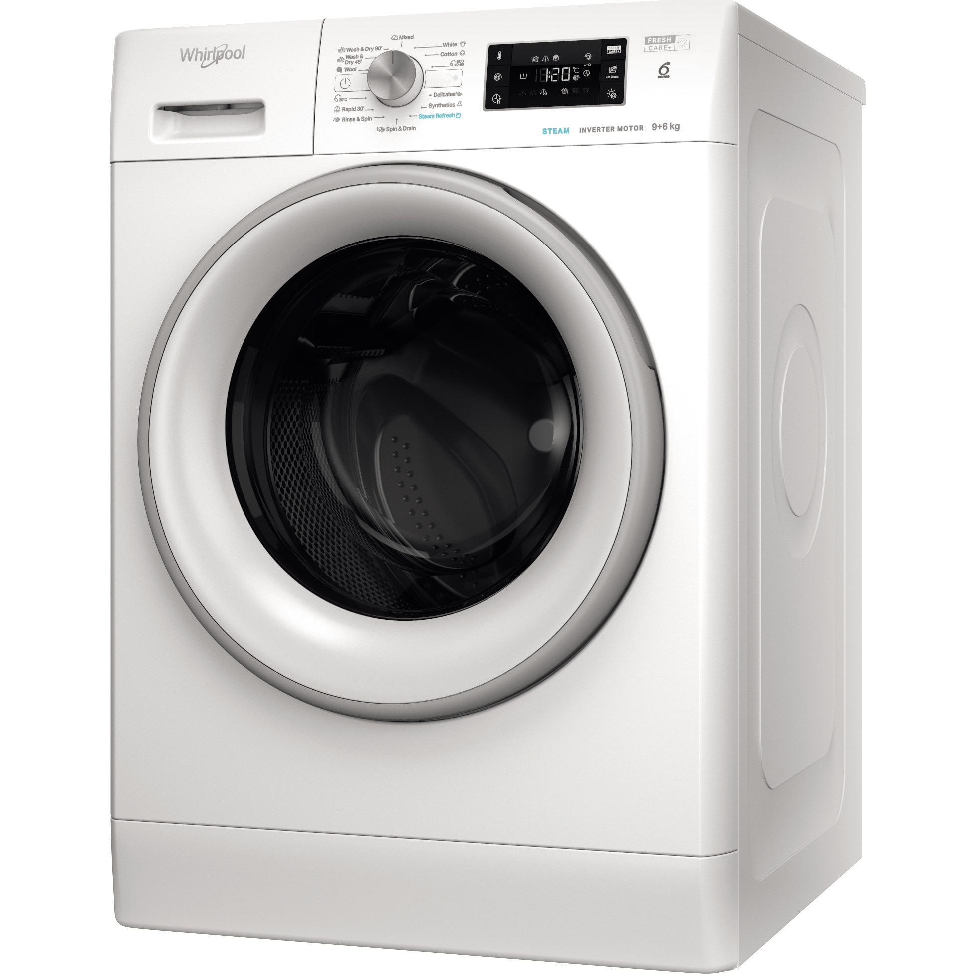 Masina de spalat rufe cu uscator Whirlpool FFWDB 964489SVEE, 9 kg spalare, 6 kg uscare, 1400 rpm, FreshCare+, 6th Sense, Motor Inverter, Steam Refresh , Clasa A, Alb