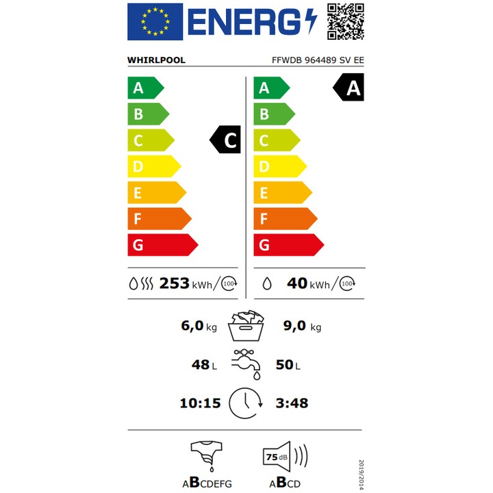 Masina de spalat rufe cu uscator Whirlpool FFWDB 964489SVEE, 9 kg spalare, 6 kg uscare, 1400 rpm, FreshCare+, 6th Sense, Motor Inverter, Steam Refresh , Clasa A, Alb
