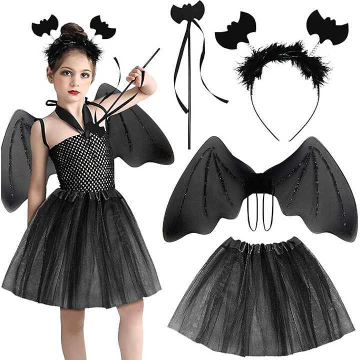 Halloween jelmez lányoknak, 4 darabos szett, ruha, szárnyak, pálca, fejpánt, fekete, 90-130 cm