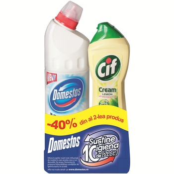 Pachet promo: Cif Cream Lemon 500ml + Dezinfectant Domestos White 750ml, 40% Reducere pentru Domestos Pachet promo: Cif Cream Lemon 500ml + Dezinfectant Domestos White 750ml, 40% Reducere pentru Domestos