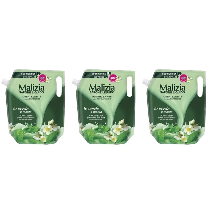 Комплект 3 x Malizia Liquid Soap Reserve 1л антибактериален зелен чай, свеж през целия ден, интензивен аромат, против бели петна, дълготрайна свежест, 48 часа защита